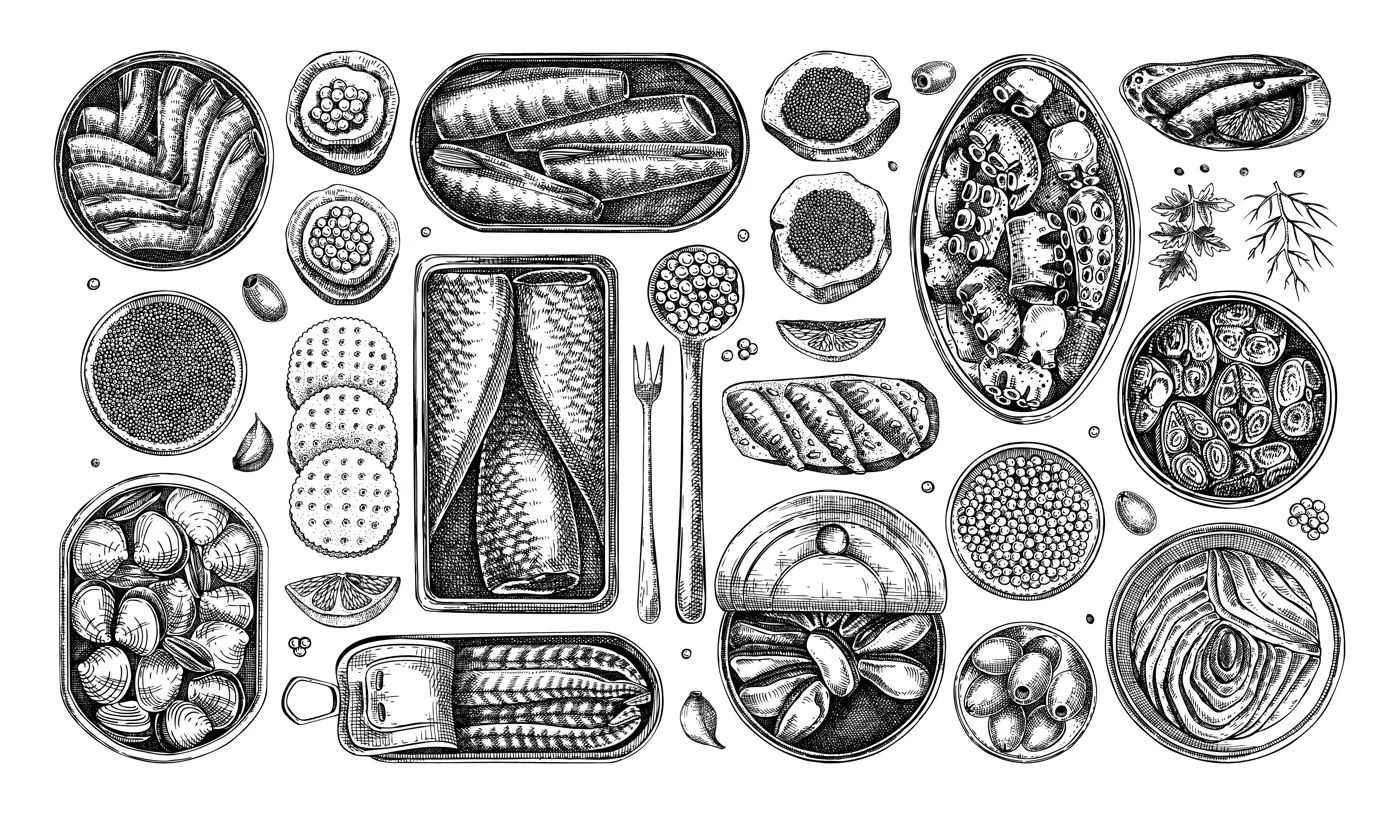 Seafood drawings set. Hand-drawn tinned fish sketches. Sardines, anchovy, mackerel, tuna, mussels in tin cans, fish canapes, olives, crackers black outlines. Vintage food vector illustration set Illustration